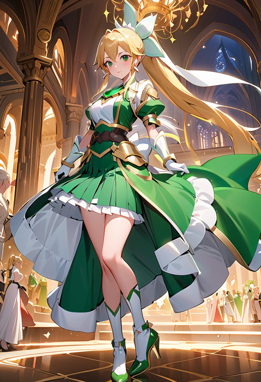  best quality、  Unity 8K Wallpaper、32K、masterpiece、  several people having fun with each other while having very detailed  、   ultra high resolution 、  several people having fun with each other while having very detailed  な顔、 RAW Photos、Professional、 Amazing Paintings 、Magical Fairy Swordsman Leafa、  Blonde Long Hair 、 white hair bow、green eyes、Green magical girl costume、  blonde ponytail 、 white hair bow、  yellow bow with large emerald brooch   、  white pleated skirt with green lines  、Green and yellow long gloves、   green thigh stiletto heel boots with gold molding 、   full body shot  、