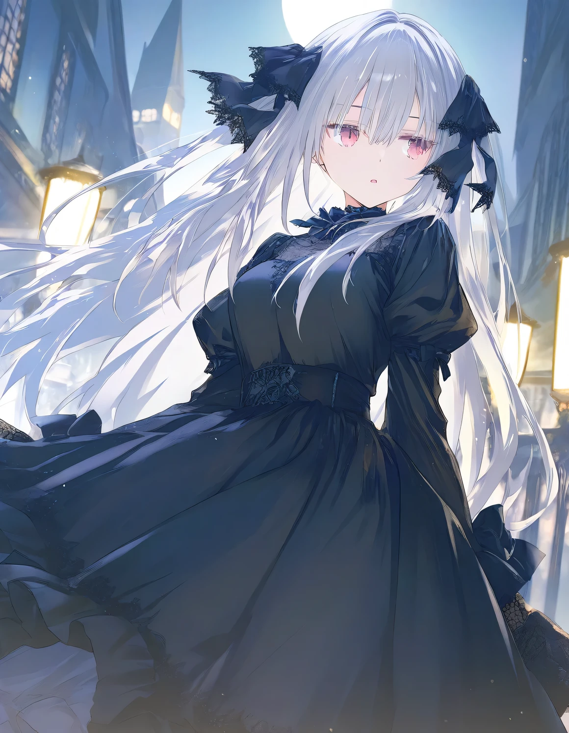 (best quality,high resolution,masterpiece:1.2),Extremely detailed,Extremely detailed, cold, solitary, 1 girl, beautiful girl, gaze, (black eyes:1.5), (Beautiful and delicate eyes:1.2), (Long hair:1.2), (White hair:0.8), (Silver Hair:0.5), (Bangs:0.5), (Dull hair:0.5), (Ahog:0.5), (Hair accessories:0.5), (Weaving:0.5), Hooded dress,