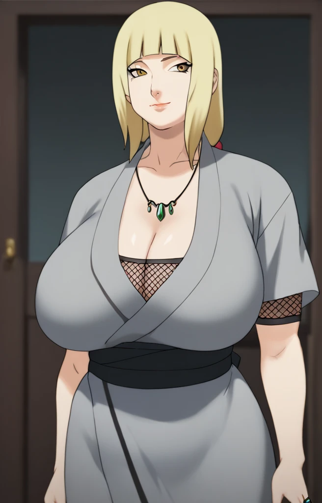 Tsunade senju,Big breast,Sagging big breast,Hitozuma,cleavage,uzumaki clan symbol in outfit,Wringkle in mouth,wedding ring,Sleeve outfit,old lady,Wringkle in face,Grandma who still have sexy body,Gilf,standing,potrait,Uzumaki tsunade,Sleeve,Wide hips,1girl,Solo,Tsunade necklace,Shirt with cleavage And uzumaki clan symbol,spreading swipe long wavy hair,green Pearl earring,Hair behind ear,Colorless lips,Blond hair,((hime cut bang hair)),happy,net bra,Face facing front