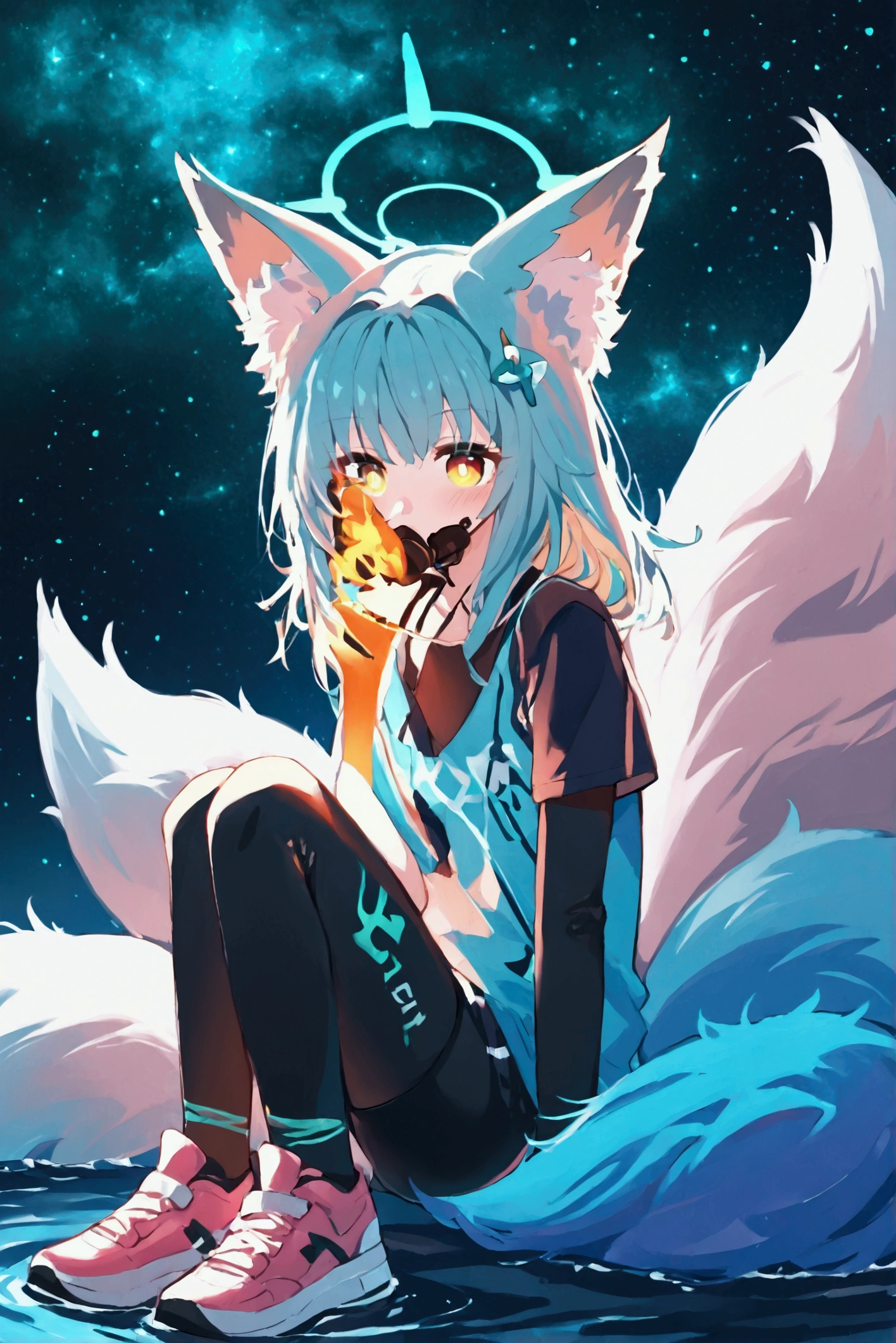 solo, full body, perked fox ears, nine fox tails, white short sport t-shirt, black sport shorts, pink sneakers, blue halo, heterochromia (bluish-green left eye scarlet red right eye), long white hait with soft pink tint, bluish-green flames around the character, shiroko_terror_\(blue_archive\), wakamo, yellow eyes, black hair, very long hair, colored-inner hair, multicolored hair, fox ears, fox tail, halo, hair ornament, bow tail, cyberpunk, steel sirens, cosmic background, on the water surface of the tranquil oasis shimmering with luminous ethereal colors,