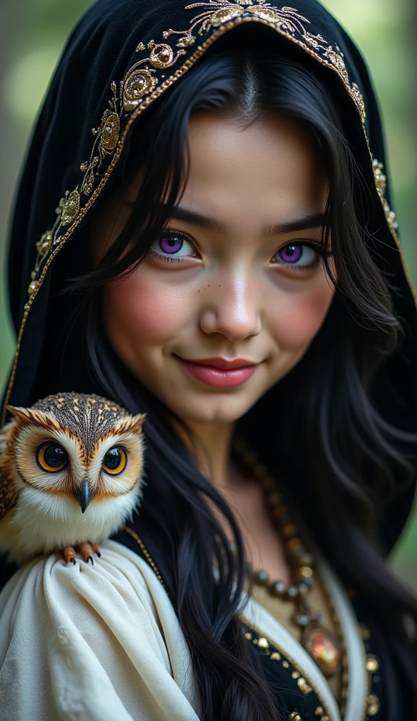 epic picture, Epic scene,  close-up,  Upper Part Portrait , elven ears,Elf Girl,  Bright Purple Eyes ,  The scar near the Eye wound with a blunt object has already healed ,  Black Very Black Thick Hair ,  Velvet Hood with gold thread patterns ,  Bright smile One part of the jaw is raised from a smile , Oblong Nose ,  Gray-Pink Skin , not big breasts,  Dressed in White and Black Ancient Caftan ,  on the Shoulder A small owl with Big Eyes and Bright plumage Sits White-Brown feathers, 8 k,  digital processing ,  better quality, Maximum Details,  Maximum Focus ,  Epic Fantasy , fantasy, beautiful colors, bright colors,  Complex Details , many details, UHD, 16K, masterpiece,