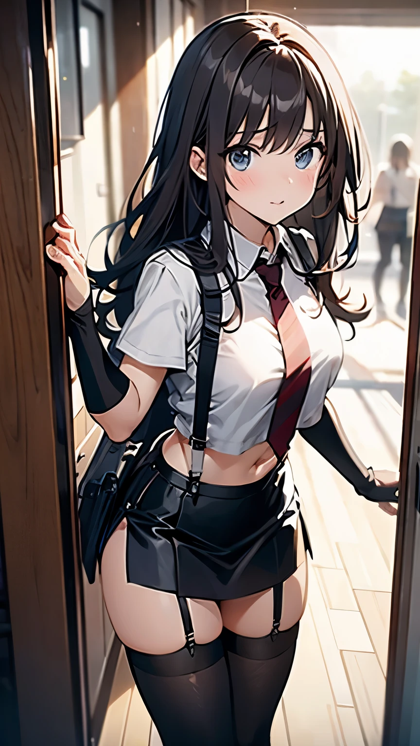 Brown hair、watching at viewers　　　black suspenders　　　Bulging big breasts　　 　 　　　walls: 　Black miniskirt　garters　　　　　　Gaze　　　Small face　bangss 　　　holster　　　Beautuful Women　　hands up　　レッグholster ベッドに横たわる　　Gaze 　black boots panty shot　provocation　flank　flank汗　soio 　arm
