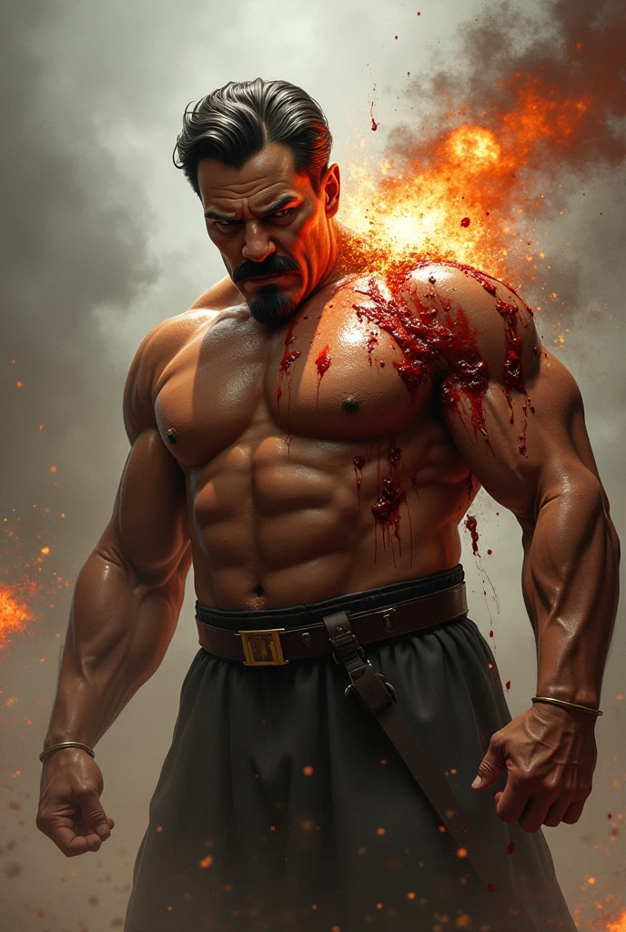 High detail: 1.2 8K: 1.2 Better illumination: 1.2
A strong twink man, muscular with short, orange undercut hair and freckles, stands in a battle-ready stance with his arms crossed. He is shirtless, revealing his well-defined torso and arms. He wears fitted pants adorned with flame patterns in red and black. His smooth, well-groomed underarms are visible. In his right hand, he wields a gleaming katana, its blade reflecting the fiery ambiance of the scene. His gaze is directed straight ahead with a fierce, determined intensity. The background is ablaze with warm hues of red, orange, and gold, creating a dramatic and intense atmosphere with flames flickering and casting dynamic shadows. The ground is covered in glowing embers and ash, reflecting the fiery nature of his element. The image is rendered in a photorealistic, hyper-realistic 8k style, with vibrant HDR and chiaroscuro lighting that highlights the fiery energy and motion of the scene, accentuating his commanding presence and readiness for battle, (crosed arms:1.2)