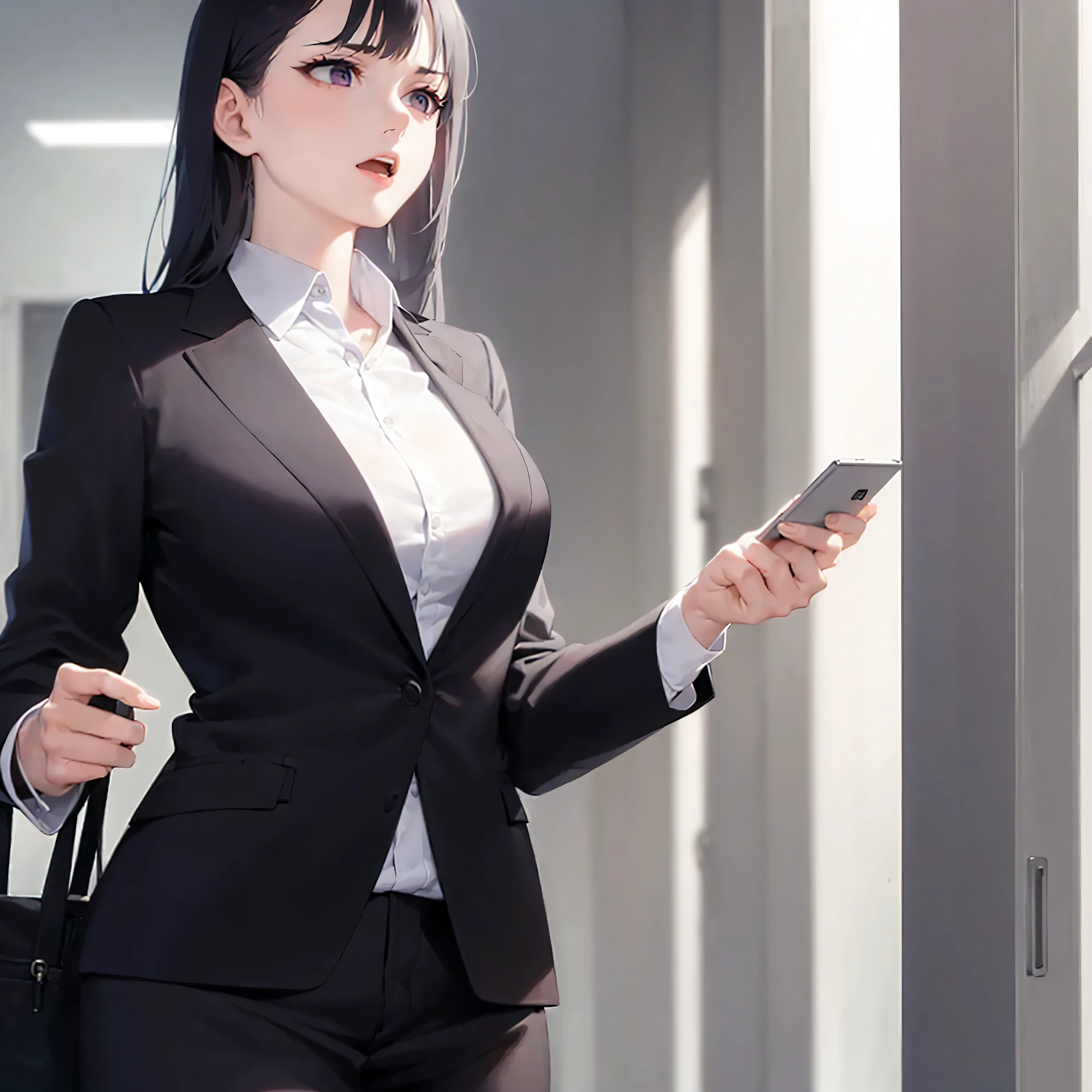 Masterpiece), (Excellent), (Super Meticulous), (Full Body: 1.2), Super Young Woman, Beautiful, Sexy, Bursting, Oriental Face, TV Anchor, Bust Portrait Illustration, Alone, Black Suit, Blue Tie, Silver Glasses, Slightly Chubby Face, Very Clean Face, No Beard, Black Super Short Hair, Black Eyes, Confident Smile, 3c Computer Sub-Products, iPad, iPhone, Digital Painting, 3D Character Design by Akira Toriyama with Mark Claireden and Pixar and Hayao Miyazaki, The illustration is a high-definition illustration in 4K resolution with very detailed facial features and cartoon-style visuals.