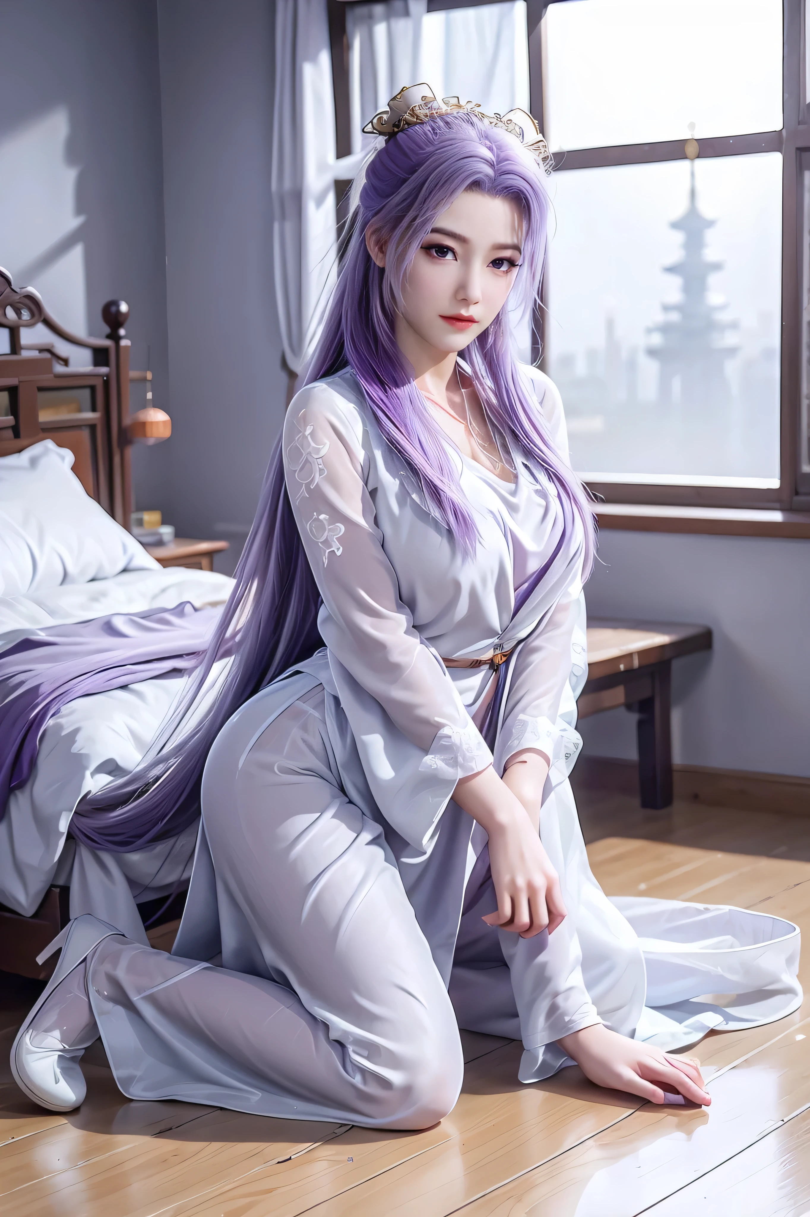 Chinese purple cheongsam，Long Legs， In the bedroom ，Full body photo,Purple bikini， show your belly button ，Large