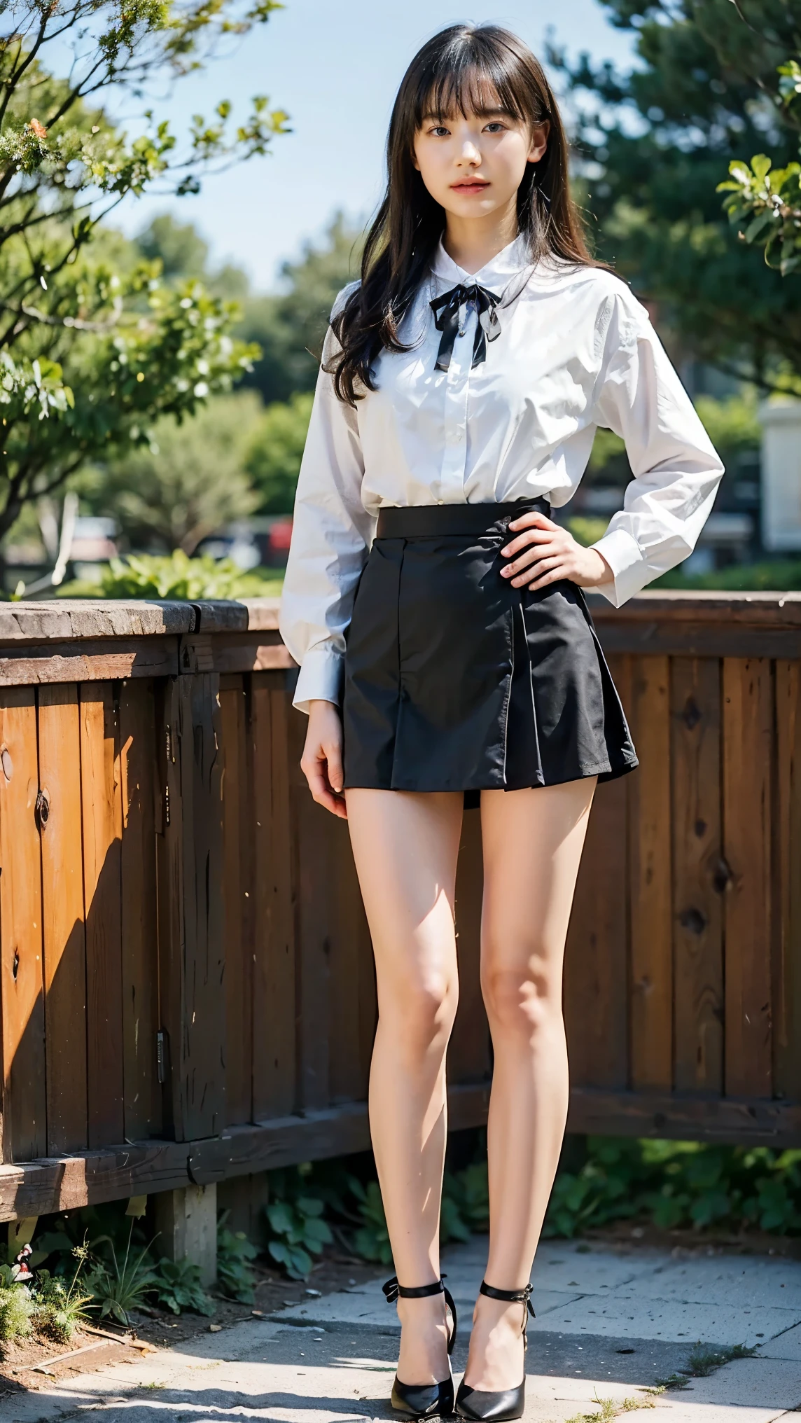 (8k、 RAW photo、 best quality、masterpiece:1.2)、(Realistic、Realistic)、1 person、((Ribbon on chest、 white shirt 、 black tight mini skirt、garden、 bust up、 High Heels Pumps 、whole body、 standing with hands on hips )、cute