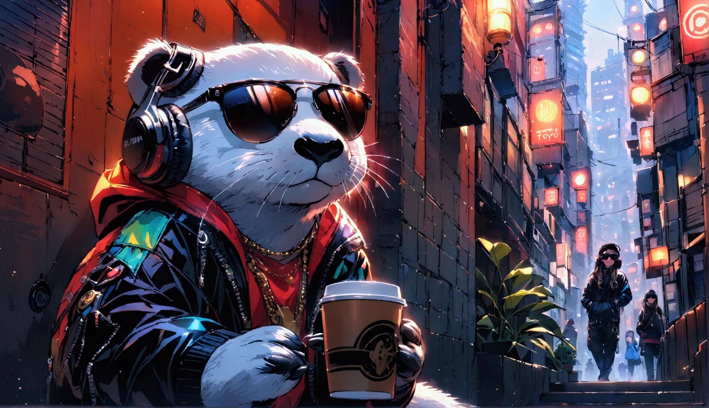 The otter, dressed in a hip-hop outfit with headphones and dark sunglasses, has a cool expression as it sits on stairs, Holding a cup of coffee while gazing at the city of Tokyo