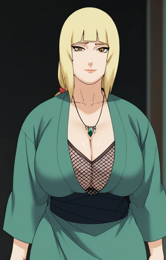 Tsunade senju,Big breast,Sagging big breast,Hitozuma,cleavage,uzumaki clan symbol in outfit,Wringkle in mouth,wedding ring,Sleeve outfit,old lady,Wringkle in face,Grandma who still have sexy body,Gilf,standing,potrait,Uzumaki tsunade,Sleeve,Wide hips,1girl,Solo,Tsunade necklace,Shirt with cleavage And uzumaki clan symbol,((long wavy hai))r,green Pearl earring,Hair behind ear,Colorless lips,((Blond hair)),((hime cut bang hair)),happy,net bra,Face facing front,((Long sleeve))