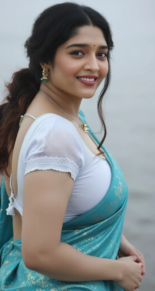 from bottom view, long shot photo of sexy indian, look at viewer and subtle smile, curvy athletic figure, open arms, sexy armpits, sweating, doing push ups in fog, ponytail, necklace, white see through lace bra, blue and green  saree with low necked blouse, glossy lips, (cinematic:1.3), intricate details, (ArtStation:1.2)