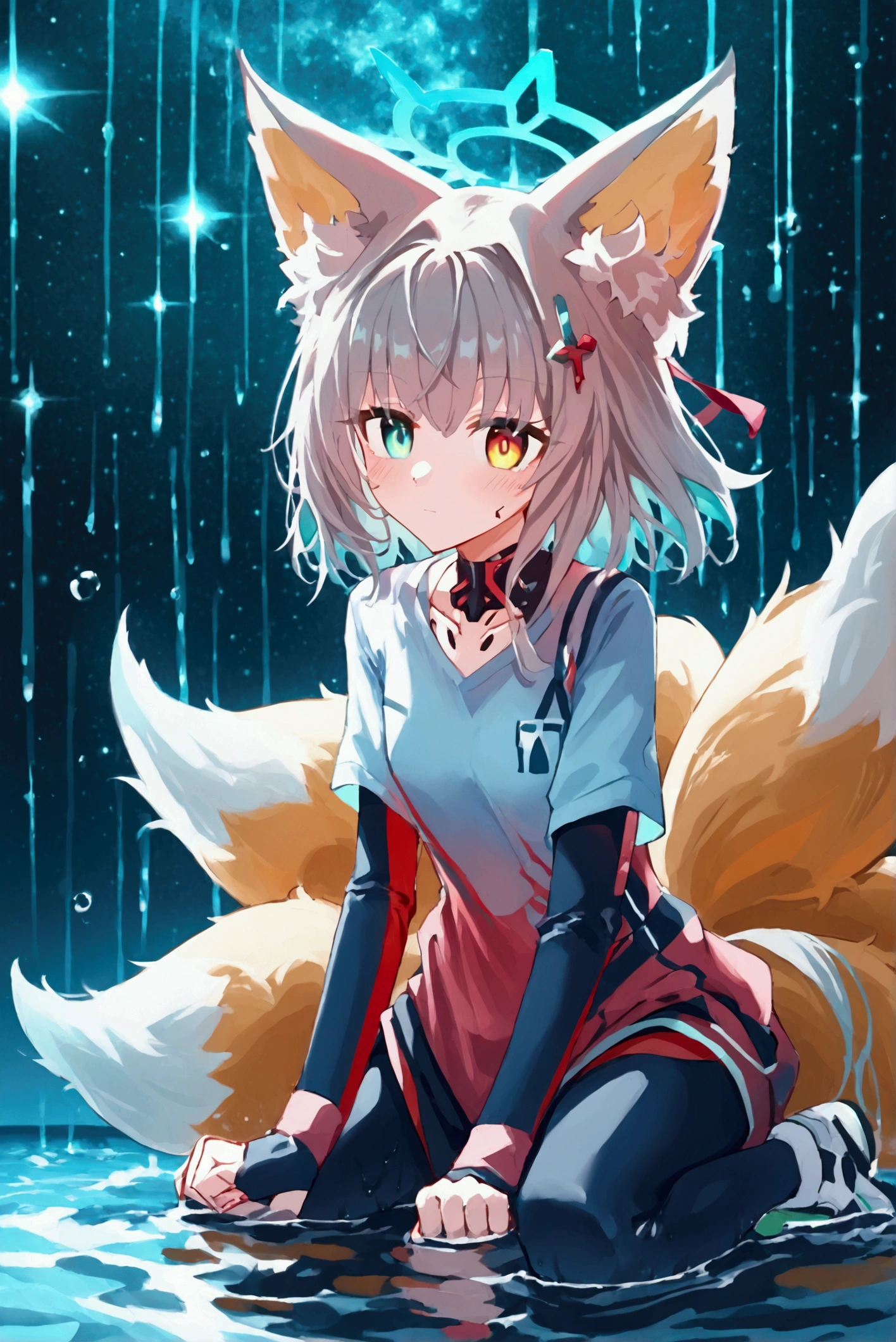 solo, full body, perked fox ears, nine fox tails, white short sport t-shirt, black sport shorts, pink sneakers, blue halo, heterochromia (bluish-green left eye scarlet red right eye), long white hait with soft pink tint, shiroko_terror_\(blue_archive\), wakamo, yellow eyes, black hair, very long hair, colored-inner hair, multicolored hair, fox ears, fox tail, halo, hair ornament, bow tail, cyberpunk, steel sirens, cosmic background, on the water surface of the tranquil oasis shimmering with luminous ethereal colors,