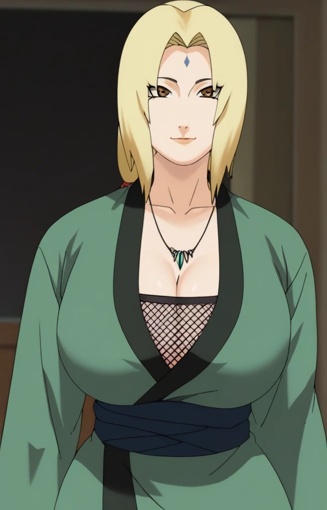 Tsunade senju,Big breast,Sagging big breast,Hitozuma,cleavage,uzumaki clan symbol in outfit,Wringkle in mouth,wedding ring,Sleeve outfit,old lady,Wringkle in face,Grandma who still have sexy body,Gilf,standing,potrait,Uzumaki tsunade,Sleeve,Wide hips,1girl,Solo,Tsunade necklace,Shirt with cleavage And uzumaki clan symbol,((long wavy hair)),green Pearl earring,Hair behind ear,Colorless lips,((Blond hair)),((hime cut bang hair)),happy,net bra,Face facing front,((Long sleeve)),Brown eyes