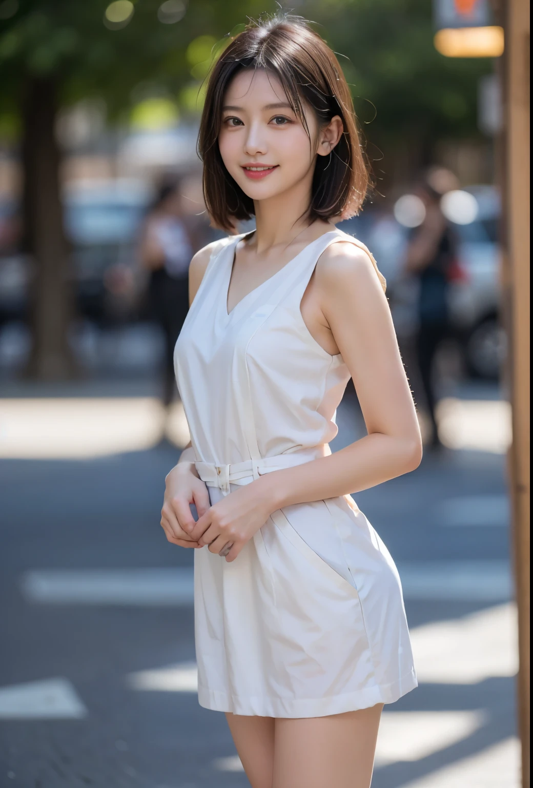 masterpiece, Top quality , high品質, high解析度, high品質 textures, high品質 shadows, high細節, realistic, Cinematic Lights , side lights, lens flare , light tracking , sharp focus , beauty的年輕女孩, (1girl, 21 years old, alone), black hair, a woman, grace, [high, Half-length Bob Cut , Nurse, Hospital, 穿著WhiteNurse服, White , ( White蕾絲絲襪). Wearing Hearing Aids From Neck . Standing, Slim thighs, Small Breasts, Slim, long eyelashes, mature, White運動鞋, Smile, beauty, realism, Realistic Photo, 【8k