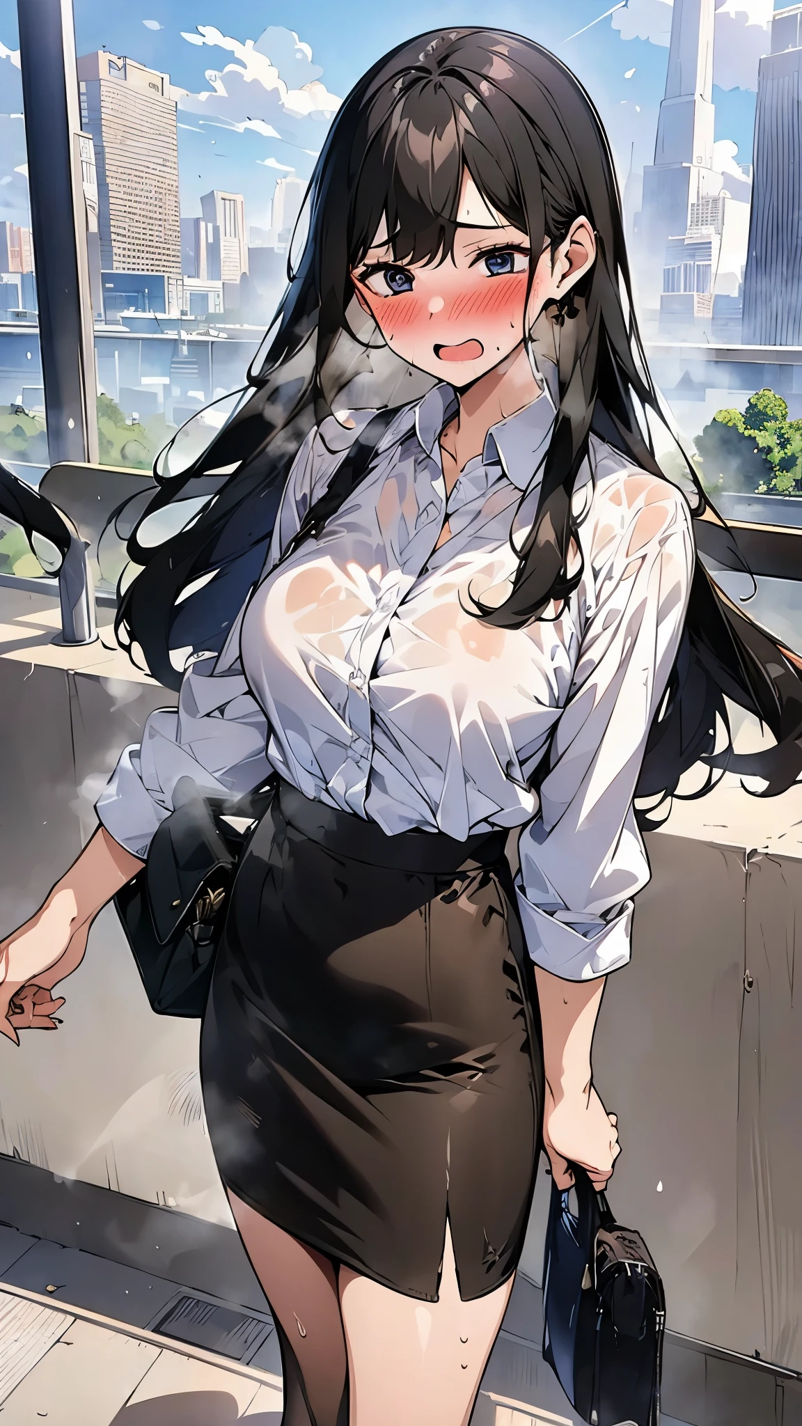  black hair, long hair,Torn clothes,Torn Skirt,Wet服, torn clothes ,,Steam,Wet,sweat,Standing woman,   pencil skirt,  high heels,Business Bags,Blue sky in the background, Skyscraper Towering in the Background 