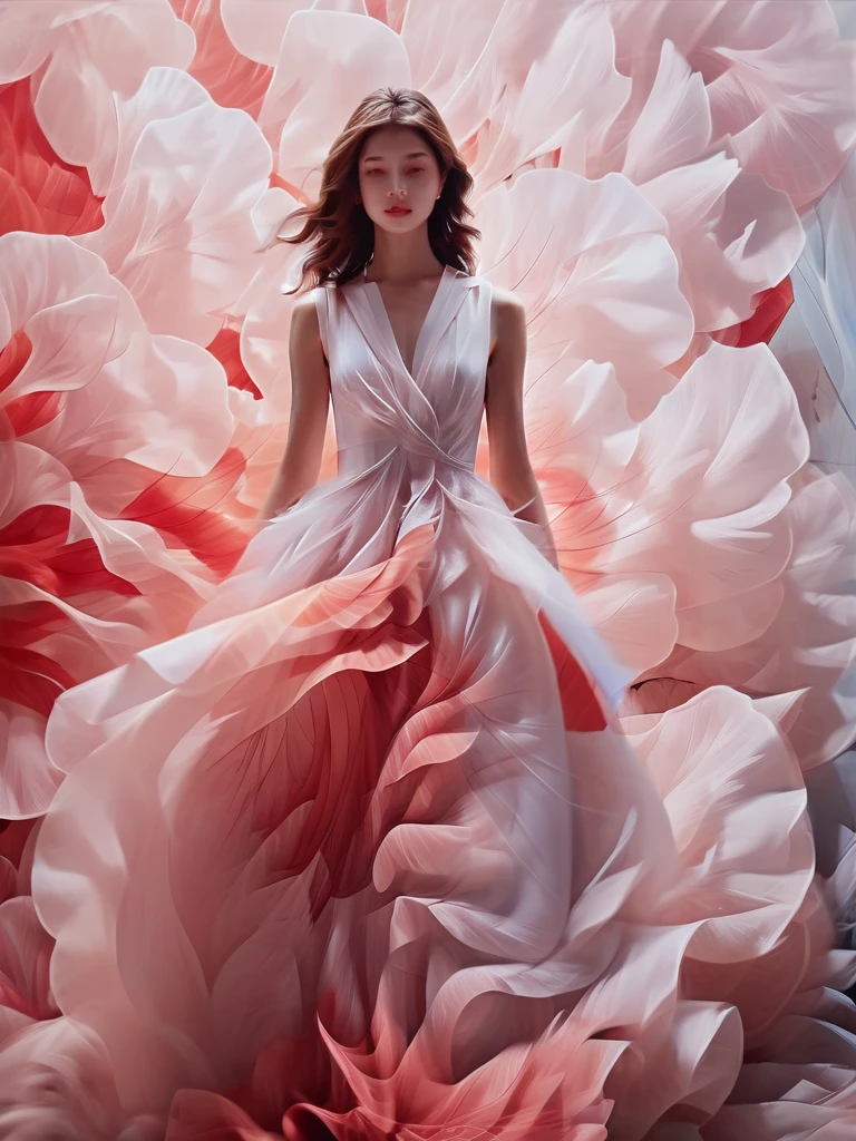 1girl,Petal skirt,A long dress hem resembling smoke,Petal pattern,long hair in the wind,Advanced sense,fashion,
still photography, looping video, mesmerizing movement, captivating visuals, seamless blend, engaging storytelling, Vorticism, angular forms, dynamic movement, bold geometry, fragmented shapes, striking contrasts, modernist influence, nature, history, modern art, amazing, unreal background, art by (Alessio Albi:1.1),
soft lighting, Happy emotions,(close up, face focus), (fractal art) extremely detailed,the most beautiful form of chaos, elegant, a brutalist designed, vivid colours, romanticism,details in the dark,