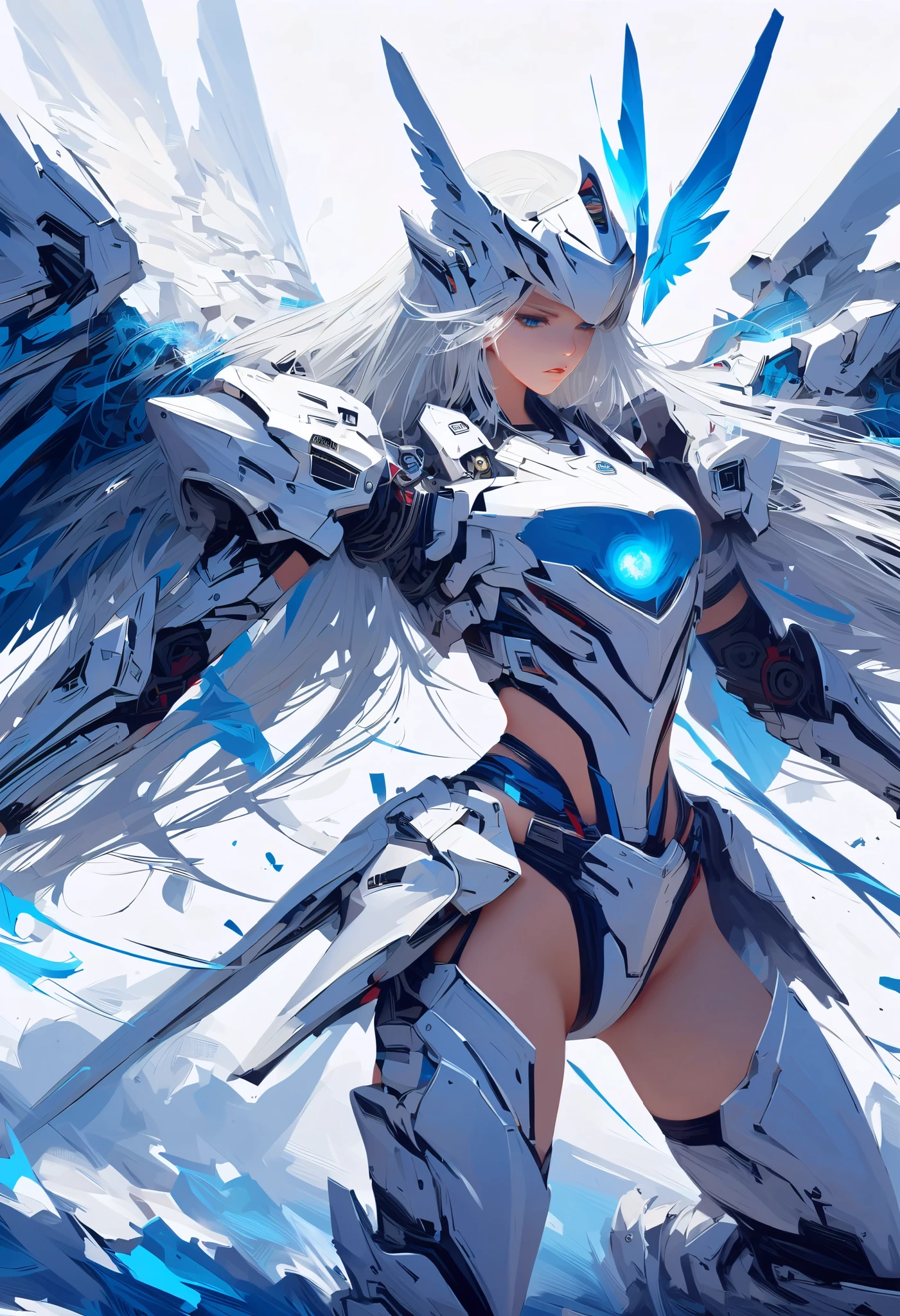 masterpiece, best quality, colorful, cowboy shooting, (pale skin:1.2), flat chest, Mecha, armor, girl,Mechanical_Body, High resolution, white hair, Very long hair, garlic, , alone, blue eyes, white coat, Soft fabric waist extension, blue energy, destroy, quantum energy, Mechanical wings