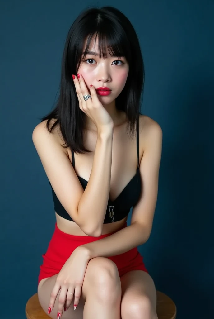 A commercial portrait of a young Asian woman sitting on a wooden retro stool against a blue background. She has fair skin, jet black straight hair neatly styled into a short side-parted bob, and bright red lipstick. She is wearing a black (tube top: 1.5) that shows off her large breasts and a (red ultra-micro skirt: 1.4) that accentuates her slim figure. On her feet are eye-catching red pumps. The woman's posture is thoughtful, with her right elbow resting on her right knee, her chin resting on her hand, and a thoughtful expression. The overall composition is simple, with the only focus on the subject of the shot, and no other objects or distractions in the background. The soft lighting highlights her facial features and the texture of her clothing, creating a sharp visual contrast with the dark background.