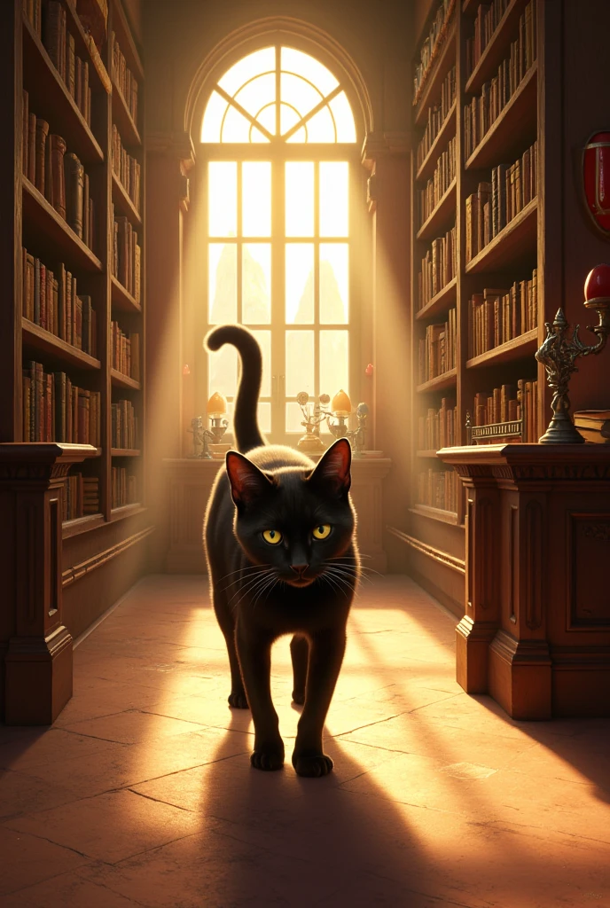 Black Cat、 Libraries 、 the sun is shining in - SeaArt AI
