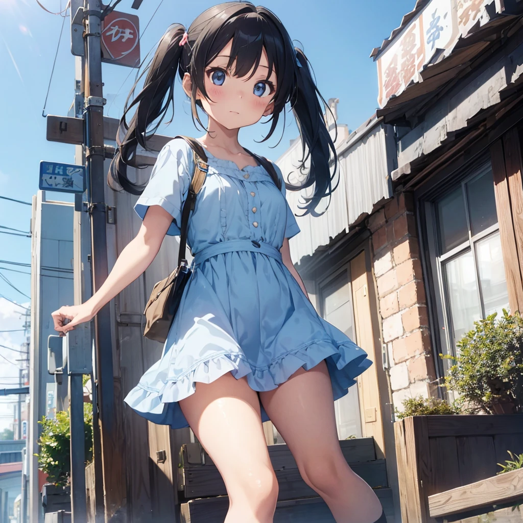 masterpiece, best quality, 1girl, looking at viewer, evil smile, blue sky, twintails, cute dress, hand on hip