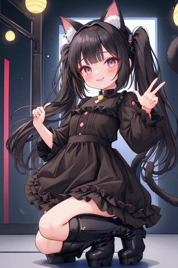 masterpiece, best quality, rin tohsaka, solo, long hair, black hair, two side up, aqua eyes, bow, hair bow, 10yo, (petite),
 smile, from below, squatting, small breasts, maid, nipple slip, nipples show off, pussy, night, park,