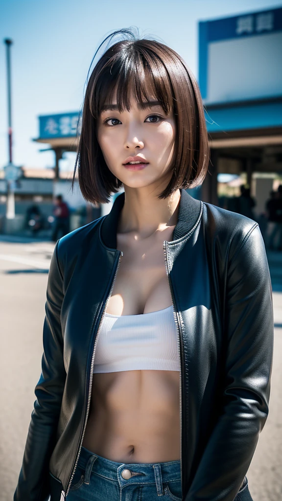 (masutepiece:1.2), ultra-detailliert, 超A high resolution, (Realistic, photographrealistic:1.37), high-definition RAW color photography, professional photograpy, extra detailed face, extremely detailed eye, highlydetailed skin, extremely detailed fingers, highly detailed nose, highly detail mouth, Perfect Anatomy, Highly detailed background, (a famous actress of Japan:1.2), (gals:1.3), (flat chest:1.3), Brown race, Dark skin, (blonde hair:1.3), Very short cut hair, future technology background, Futuristic war vehicles on the background, (Wearing a black air bomber jacket with many patches, Cargo pants:1.3),