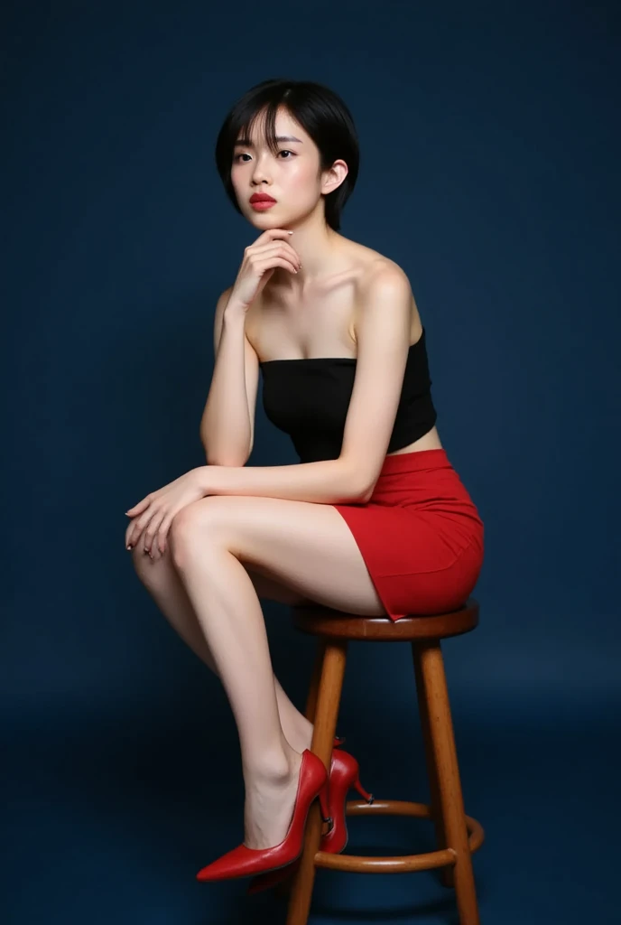 A commercial portrait of a young Asian woman sitting on a wooden retro stool against a blue background. She has fair skin, jet black straight hair neatly styled into a short side-parted bob, and bright red lipstick. She is wearing a black (tube top: 1.5) that shows off her large breasts and a (red ultra-micro skirt: 1.4) that accentuates her slim figure. On her feet are eye-catching red pumps. The woman's posture is thoughtful, with her right elbow resting on her right knee, her chin resting on her hand, and a thoughtful expression. The overall composition is simple, with the only focus on the subject of the shot, and no other objects or distractions in the background. The soft lighting highlights her facial features and the texture of her clothing, creating a sharp visual contrast with the dark background.