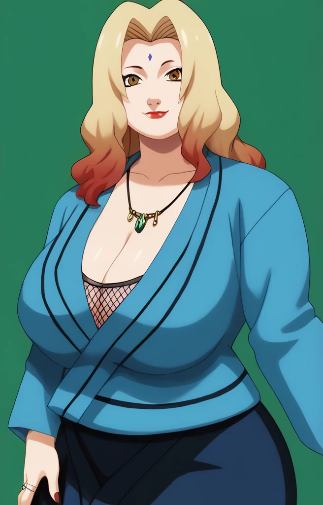 Tsunade senju,Big breast,Sagging big breast,Hitozuma,cleavage,uzumaki clan symbol in outfit,Wringkle in mouth,wedding ring,Sleeve outfit,old lady,Wringkle in face,Grandma who still have sexy body,Gilf,standing,potrait,Uzumaki tsunade,Sleeve,Wide hips,1girl,Solo,Tsunade necklace,Shirt with cleavage And uzumaki clan symbol,((long wavy hair)),green Pearl earring,Hair behind ear,Colorless lips,((Blond hair)),((hime cut bang hair)),happy,net bra,Face facing front,((Long sleeve)),Brown eyes