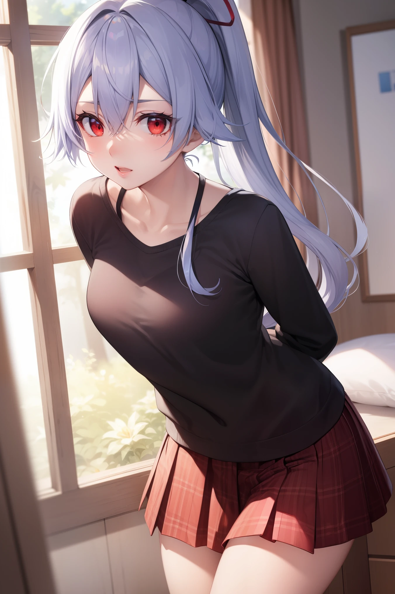 tomoegozen, tomoe gozen, hair between eyes, hair ribbon, headband, long hair, ponytail, (red eyes:1.5), blue ribbon, ribbon, light blue hair,
BREAK pants, pants under skirt, plaid, plaid skirt, pleated skirt, red pants, skirt,
BREAK looking at viewer,standing, leaning forward, arms behind back,
BREAK indoors, bed,
BREAK (masterpiece:1.2), best quality, high resolution, unity 8k wallpaper, (illustration:0.8), (beautiful detailed eyes:1.6), extremely detailed face, perfect lighting, extremely detailed CG, (perfect hands, perfect anatomy),