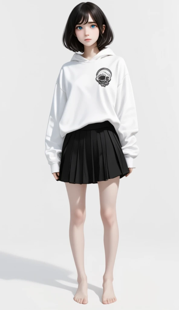 White background、  pure white background 、White background、 girl just standing , Only Girl、 full body shot from the front, ultra high resolution,  best quality、☠ HOODIE、 flat chest、 Beautiful Details、 black hair、 French blade:1.48、 black hair ×  blue eyes、 blue eyes、 serious expressions、 💀mark&#39;白い HOODIE、 Black Pleated Skirt 、barefoot