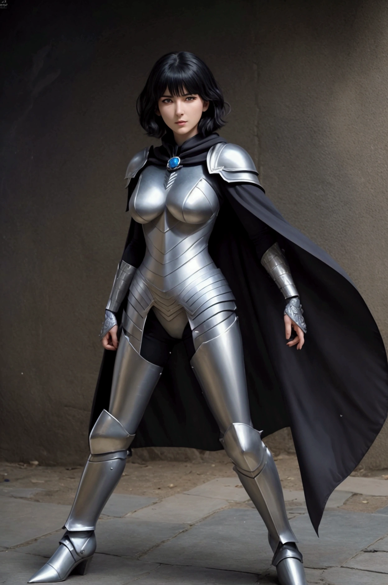 a sexy female dark gray metal robot with one line eye wearing suit, beautiful and aesthetic, medium breast, clear background, full body, ((Hajime Sorayama)),((no face)), ((dark gray helmet)), ((Transparent raincoat)),((Black cape)),futuristic, cyberpunk, Black Silk,black gold
