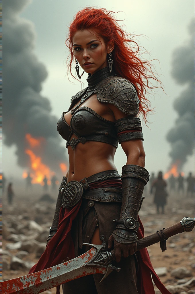 She's a red-haired alchemist. Vermelho Wet Alizarina Hair. White Skin. Fairy (elf). She's with chain mail. She's a big butt. (Dark Fantasy)
In the background there is an army of undead that are shadows, no features. The city is flooded. It's a medieval city, with tall and broken ancient ruins. It's a huge flood.
the sky is black. Como noite. Noturno. Chove. Chuva tempestuosa. The image is blurry and you can see that a battle took place, because there are many dead bodies around. Calamidade. Guerra. ANGUISH. Cores escuras.
It's the pain of a lifetime. The Last Battle. Apatia em tons escuros. The darkness of hopelessness. Every feeling is sadness.
