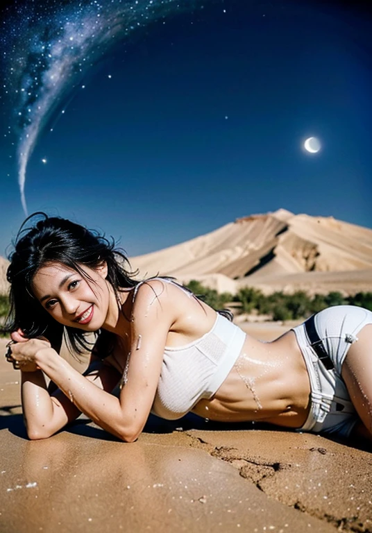 Girl lying on a dune，Creative photography，sweat leggs，（Beautiful body curves：1.2），perfect bodies，Realistic lighting，（Focus on the face），（The face is rich in detail），（HD imaging：1.3），Oily skin，Harnes，short  skirt