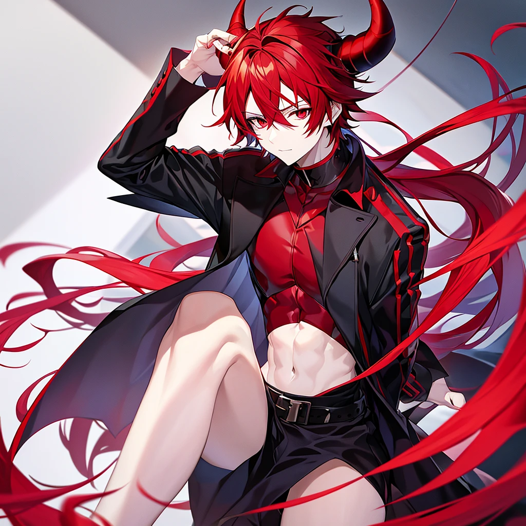  Generate an anime-style demon boy with pale skin, reddish hair, red eyes, with red horns and dressed in black 