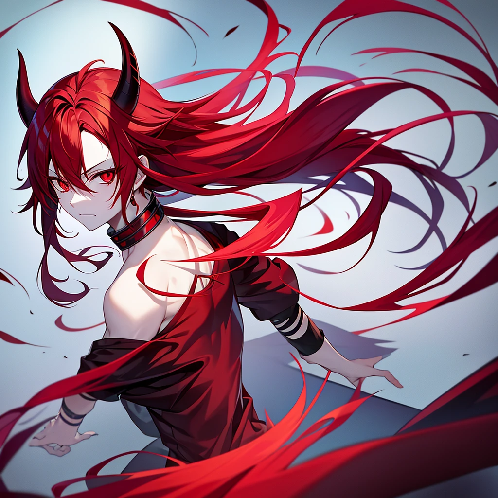  Generate an anime-style demon boy with pale skin, reddish hair, red eyes, with red horns and dressed in black 