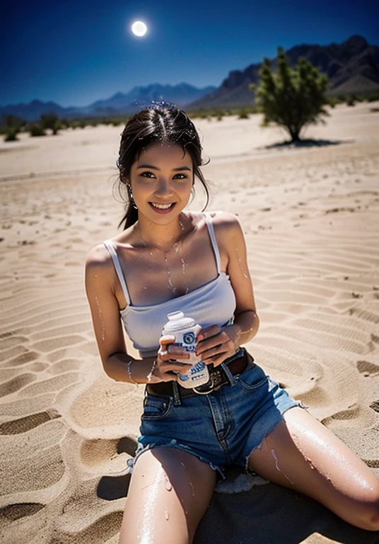 (((口を大きく開けて sticking out your tongue))), (((Aerial photography))), (((The desert in the background is reminiscent of Mad Max.))) , (((night))), (((Starry sky and moon))),A boldly composed photograph of a Japanese woman that looks like it was taken by a famous artistic photographer, (((Blockbuster art photography)), (8k,  best quality). A stunning composition using a model with excellent proportions.  perfect beauty model with a confident and balanced appearance, (( best quality質)), ((masterpiece)), (( best quality質のリアルな写真)), ((Photographed with Hasselblad)), ((Best photo quality)),  pretty woman smiling at schoolの画像, super resolution,Slim and perfectly proportioned,  pretty woman smiling at school, (( best quality質, 8k, masterpiece: 1.3)),  pretty woman smiling at school, 1 female,  slender figure: 1.1,  perfect beauty, 20 years old, (Realistic: 1.4),  ahe face, Shining Sweat, Art photo composition with space around the woman,  see-through ,  full body photo,  anatomically correct hand,  anatomically correct leg,  anatomically correct full body, White camisole and shorts.  cowboy shots, ((( holding down my crotch with my hands))).  open the foot , Drinking Calpis while showering, Nipples protruding,, (((My camisole is wet with Calpis))), (((Being drunk))), ((( drool ))), (((Lying on one&#39;s back))), (((The background is a vast desert landscape))), (((night))), (((Starry sky and moon))), (((The desert in the background is reminiscent of Mad Max.)))) , (((Aerial photography))), (((Kneeling))), (((A composition that gives a sense of 3D depth))), ((( hair fluttering in the wind ))), ((( sticking out your tongue))), Nipples protruding, ((( spread his legs))), 