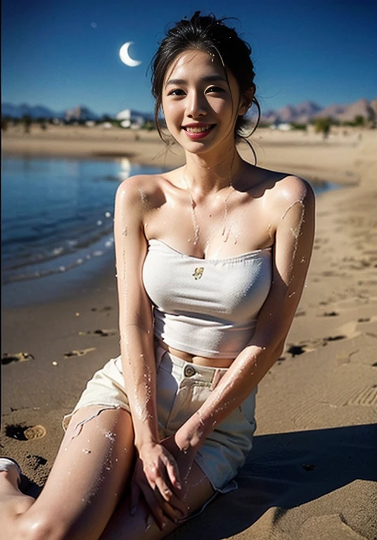 ((highest quality、8k、masterpiece:1.3))、sharp focus, High level image quality, High resolution, portrait, alone, Korean, middle-aged women, beautiful woman, 50 years old, wavy hair, soaking wet t-shirt, panties visible from under the mini skirt, beach, dark makeup, wrinkles around the eyes, bewitching look, Wet, barefoot、belly button、mouth is open、laughter、sandy beach、small breasts、Have fun、bob hair、necklace、wedding ring、leaning forward、close the chest、Datchno&#39;s pose