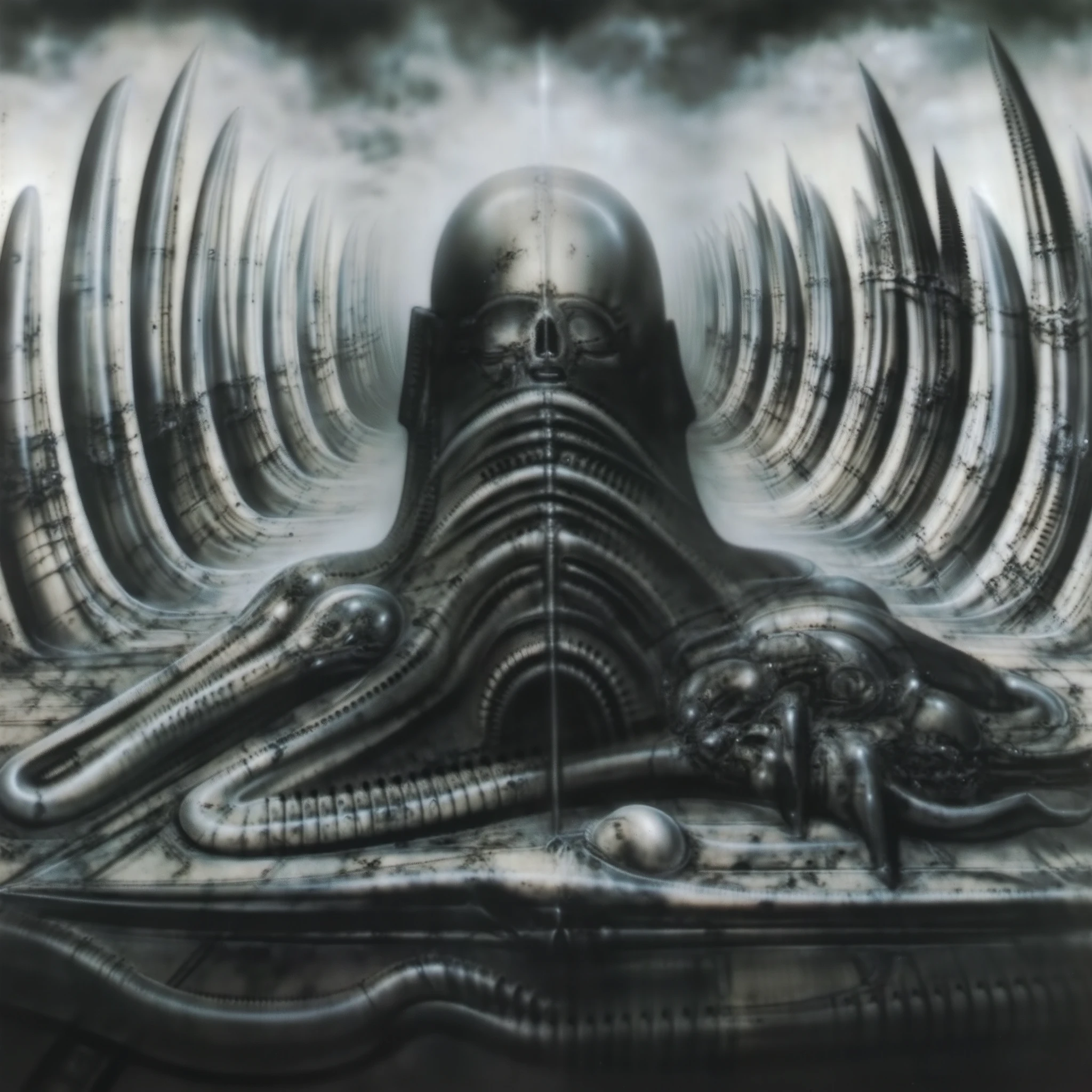 H. R. Giger's g1g3r, , Giger_style, create biomechanical landscape by Hans Rudie Giger composed of fossilized and mummified alien life forms. Image depicts a strange and dreamlike, combines biological and mechanical ,managed to dreamlike quality.
That achieved through brushwork or airbrushing techniques that create smooth, curving forms alongside sharp edges and straight lines.
Centralized recognizable shapes of skulls, rib cages, and spines, all intertwined with tubes and cables. These shapes suggest fossilized mummified alien life forms. Central skeletal structures and what appears to be a ribcags made of (ivory with clear signs of charring and weathering) in the foreground are the most identifiable organic elements. The mechanical elements are evident in the wires and tubes emanating from the skeletals, as well as the silfoned plastic tubes. In the background shapes are visible that could be interpreted as other fossilized or mummified alien life.
Light source from the top highlights skeletals, upper part of foreground, lower part of image is in shadow. Use of light and shadow creates a sense of depth and dimension.
Artist might bathe composition in an unnatural, otherworldly light, highlighting the stark contrast between the human and mechanical elements. Shadows would writhe and twist, adding to the overall sense of disorientation and dread.
Giger's meticulous attention to detail would come into play here, as he adorns forms with intricate biomechanical implants and enhancements. These elements would be both beautiful and grotesque, blurring the line between lifeform and machine
Central labyrinthine yet constructively and solid organized abomination is focal point ,uplight illuminates it, draws viewer's eye to it.
Work is sxually suggestive, in the way that it depicts the human form, as well as in the use of bio-organic forms that resemble sxual organs.
Surfaces are heavily covered with tin dots of dark paint (best quality:1.4), H.R. GIGER, BY GIGER