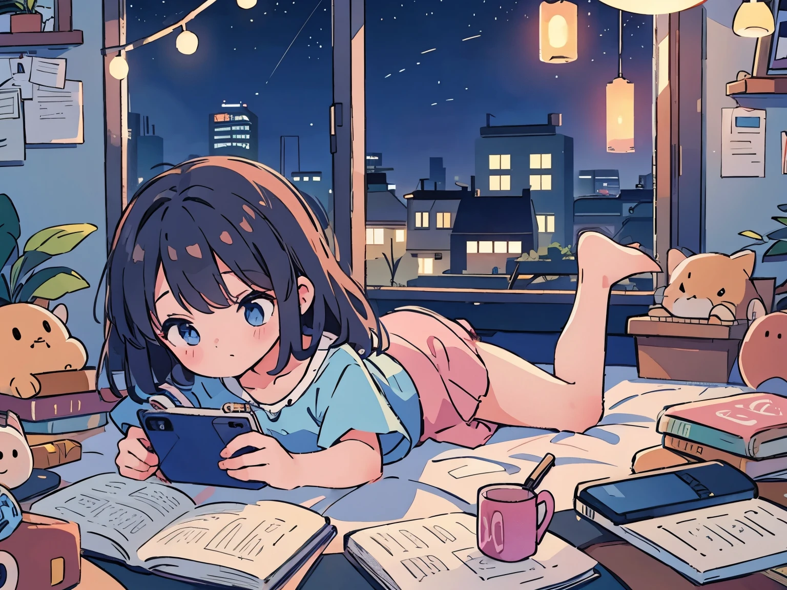 Girl lying down and fiddling with her smartphone、night、whole body
