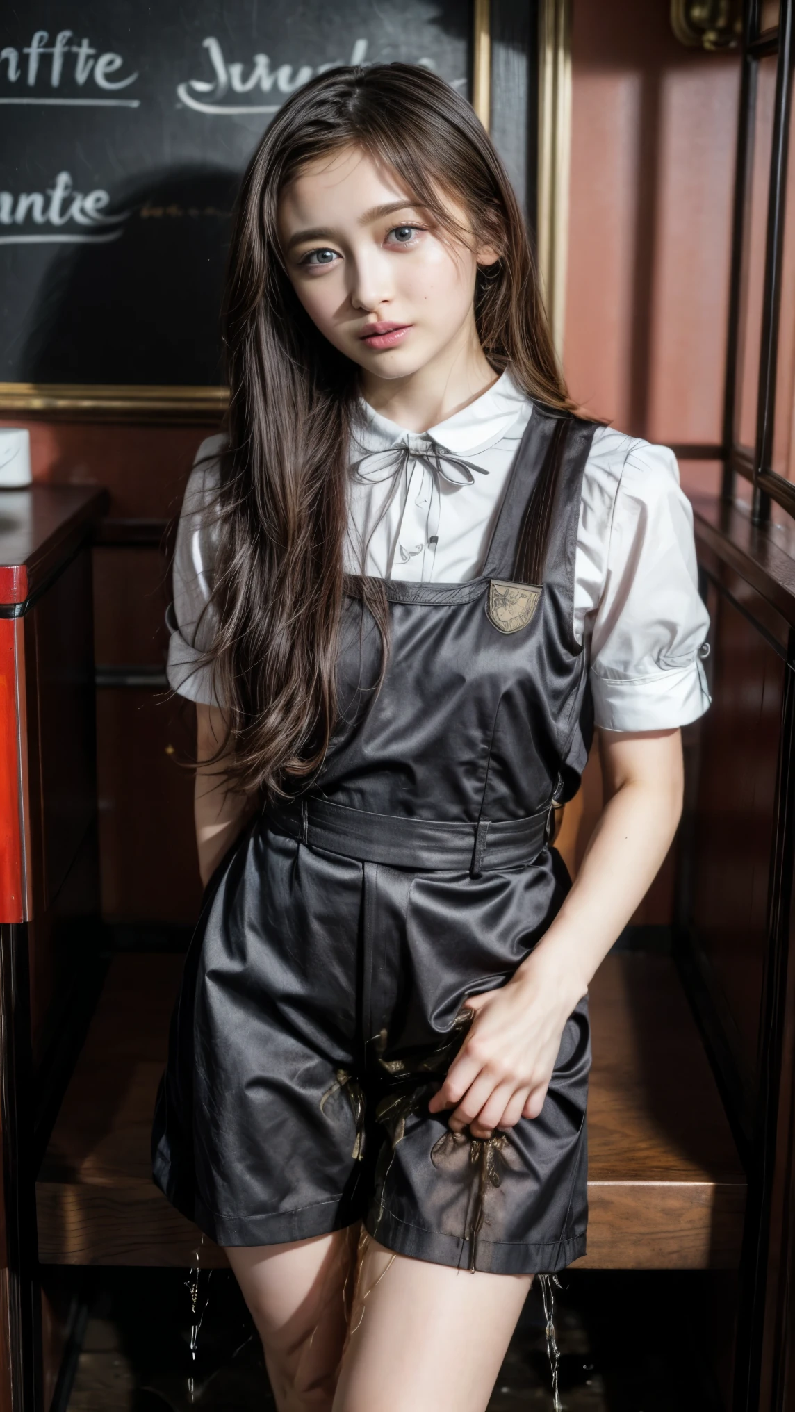 high resolution photograph of a beautiful female idol, (masterpiece,best quality),(realistic, photo-realistic),RAW Photo, 8k, solo, 1girl, full body, detailed face, detailed eyes, thin nose, (dark hair, long straight hair:1.2), (waitress uniform:1.3), (peeing self while standing with spread legs apart, urination:1.6), (desperate pose, pee running down her legs, pee stain, pee puddle), covering crotch, looking at viewer, photo background, indoors, Starbucks cafe, coffee shop,