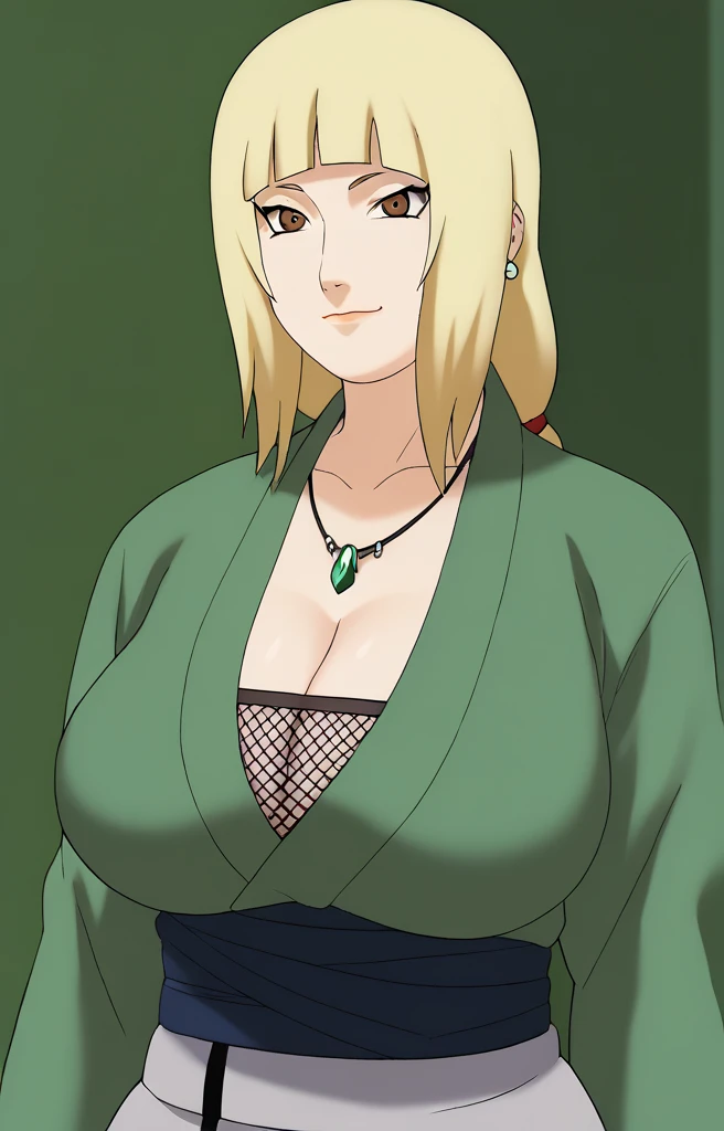 Tsunade senju,Big breast,Sagging big breast,Hitozuma,cleavage,uzumaki clan symbol in outfit,Wringkle in mouth,wedding ring,Sleeve outfit,old lady,Wringkle in face,Grandma who still have sexy body,Gilf,standing,potrait,Uzumaki tsunade,Sleeve,Wide hips,1girl,Solo,Tsunade necklace,Shirt with cleavage And uzumaki clan symbol,((long wavy hair)),green Pearl earring,Hair behind ear,Colorless lips,((Blond hair)),((hime cut bang hair)),happy,net bra,Face facing front,((Long sleeve)),Brown eyes