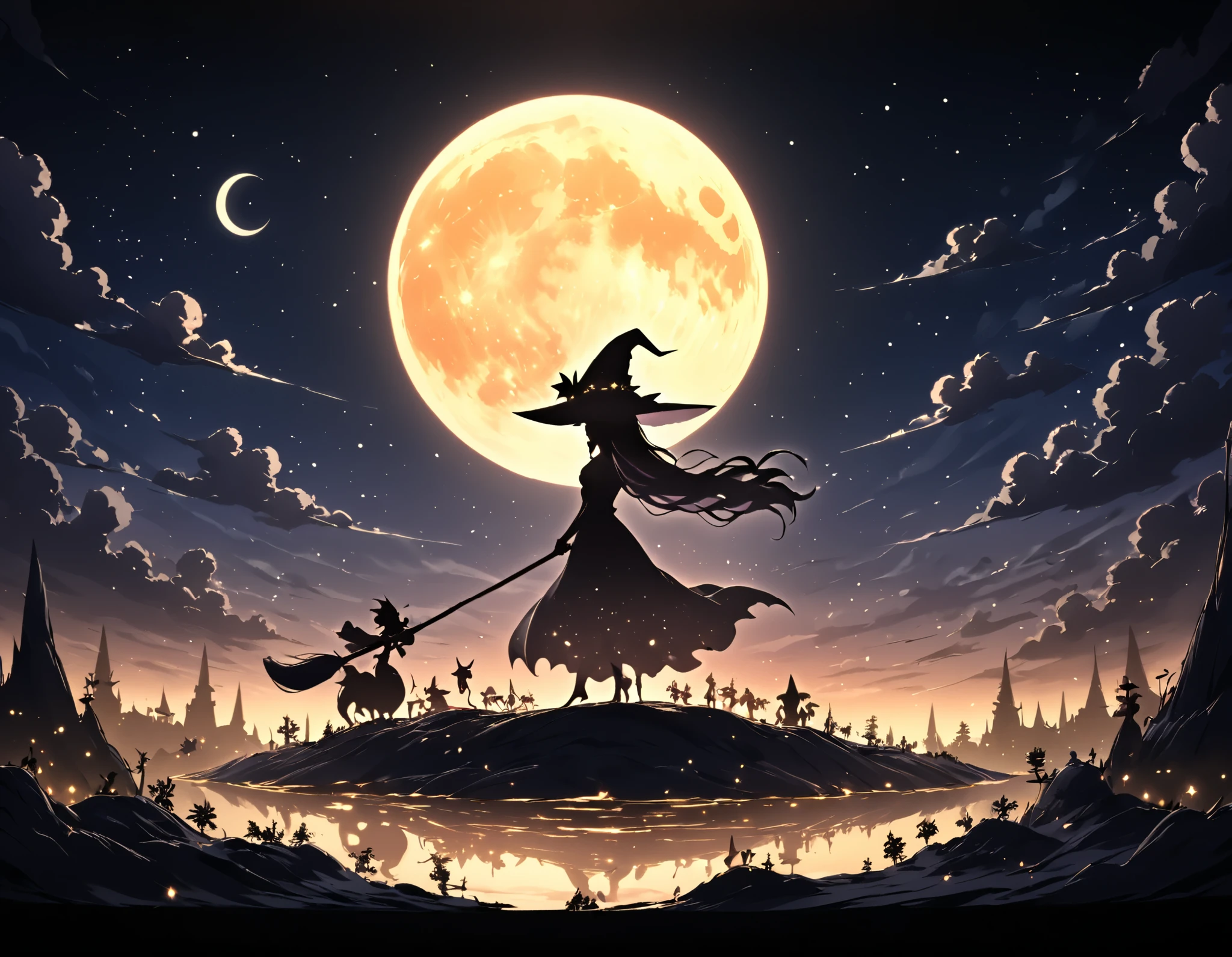 A striking silhouette of a witch riding a broomstick, soaring gracefully across a starry night sky. The large crescent moon dominates the background, casting a soft glow that outlines the witch’s figure and broomstick. Her pointed hat and flowing cape are clearly visible, adding to the iconic witchy profile. The sky is deep and vast, scattered with shimmering stars and subtle clouds, creating a mystical and magical atmosphere. The overall composition emphasizes the contrast between the dark silhouette and the glowing moon, evoking a sense of wonder and enchantment