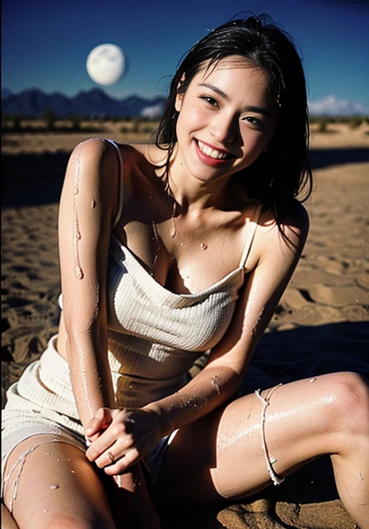 A boldly composed photograph of a Japanese woman that looks like it was taken by a famous artistic photographer, (((Blockbuster art photography)), (8k, Highest quality). A stunning composition using a model with excellent proportions. Perfect beauty model with a confident and balanced appearance, ((Highest quality質)), ((masterpiece)), (Familiar:1.4), ((Highest quality質のリアルな写真)), ((Shot with Hasselblad)), ((Best photo quality)), Beautiful womanの画像,Super Resolution,Slim and perfectly proportioned, Beautiful woman, ((Highest quality質, 8k, masterpiece: 1.3)), Beautiful woman, 1 female, Slim figure: 1.1, Perfect beauty, 20-year-old, (Realistic: 1.4), Ahegao, Shining Sweat, thin, Art photo composition with space around the woman, See through, (((The background is the American wilderness))), Full body photo, Anatomically correct hand, Anatomically correct legs, anatomically correct whole body, White camisole and shorts. Cowboy Shot, (((Holding your crotch with your hand))). Spread your legs, Drink Calpis, Nipples are protruding,, (((My camisole is wet with Calpis))), (((Being drunk))), (((Drooling))), (((LOL))), ((Butt)), (((Sleeping on your back))), (((The background is a vast desert landscape))), (((night))), (((Starry sky and moon))),