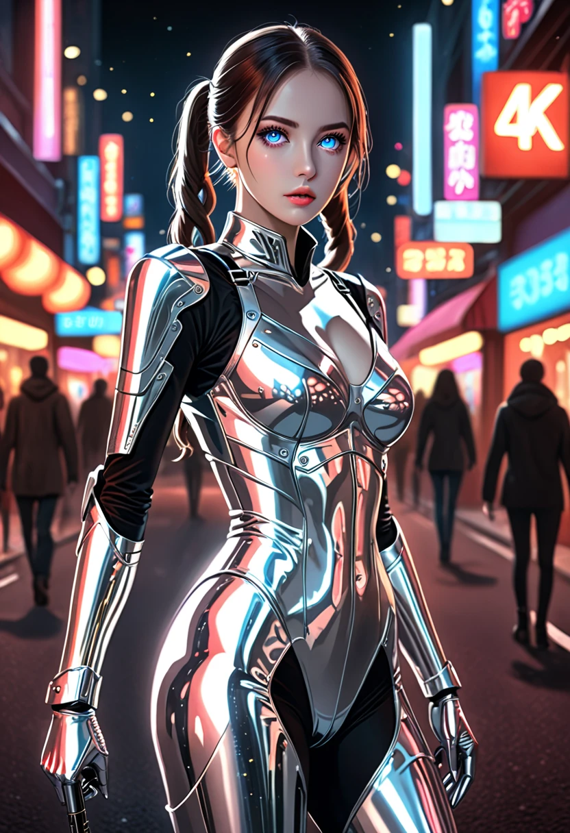 A neon street at night, filled with an air of suspense. A futuristic woman, wearing silver armor and sleek boots, stands in the middle of the street. She holds a glowing handgun aimed directly at the camera, her face a mask of focus and tension.blurry modern street background at night, sparkles. perfect eyes, highly detailed beautiful expressive eyes, detailed eyes, 35mm photograph, film, bokeh, professional, 4k, highly detailed dynamic lighting, photorealistic, 8k, raw, rich, intricate details, pigtails
