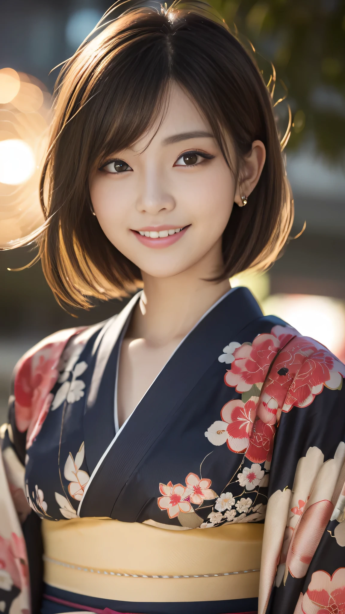 Best-quality, Masterpiece, Ultra-High-Resolution, (Photorealistic:1.4), Raw-Photo, Extremely-Details, Perfect-Anatomy, 1girl, the most famous Japanese idol, innocent-smile, wearing only extremely gorgeous KIMONO with blighted color, upturned ass wearing extremely-gorgeous-KIMONO-with-blighted-color, cowboy-shot, extremely cute and extremely childish face like a most popular Japanese idol, extremely beautiful big-black-solid-circle-eyes, extremely beautiful black short-cut-haired, extremely beautiful realistic-skins, extremely beautiful long-eyelashes, extremely beautiful lips