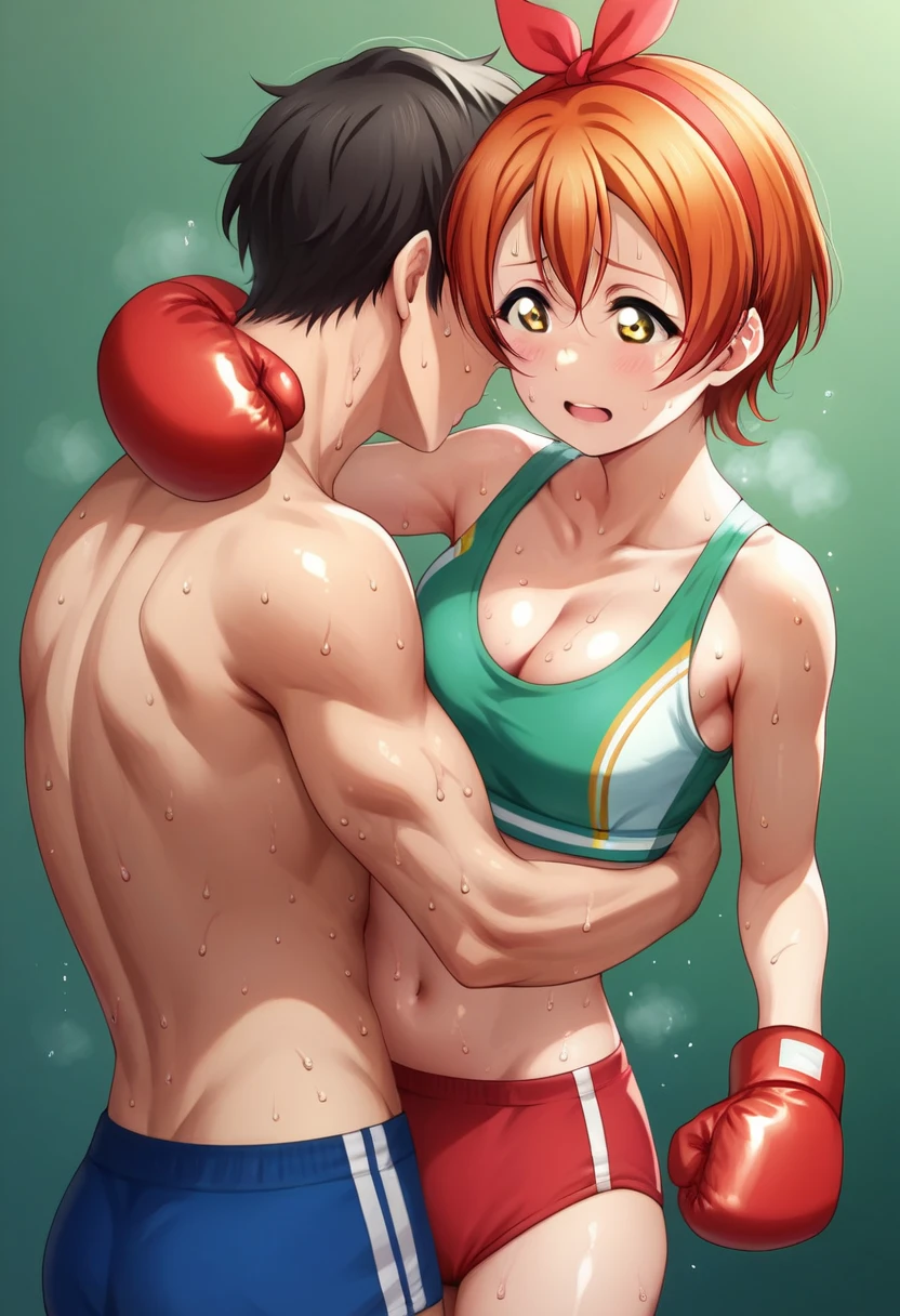 id_rin_hoshizora, Hoshizora rin, love live ,slim fit athletic body a defined breasts , green gym top,detailed hair strands , yellow eyes , red boxing gloves, sweating, shiny skin, shiny detailed sweat drops dripping, black buruma, 1boy ,hug, vaginal sex, cowboy shot ,  cleavage ,(sweat:1.5)