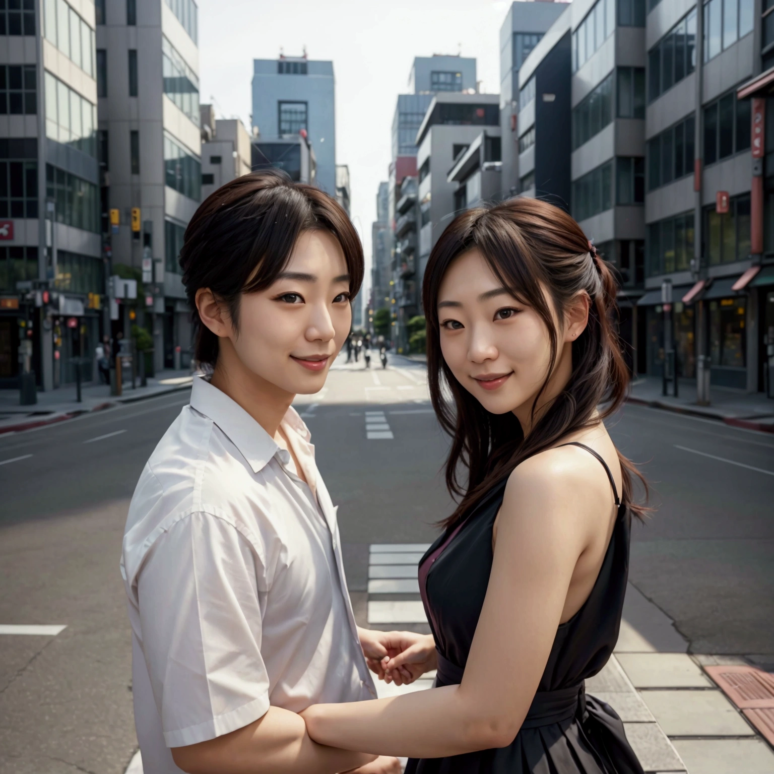 Two Japanese people, one man and one woman, on a date, looking happy, very accurate image, image must be detailed and clear (background is cityscape, urban landscape), (Best Quality, 8K, 32K, Masterpiece, UHD: 1.2), Cute Japanese Woman Photo, Handsome Man Photo, Perfect Anatomy, Great Shading, (Photorealistic: 1.2), (Sharp Focus)