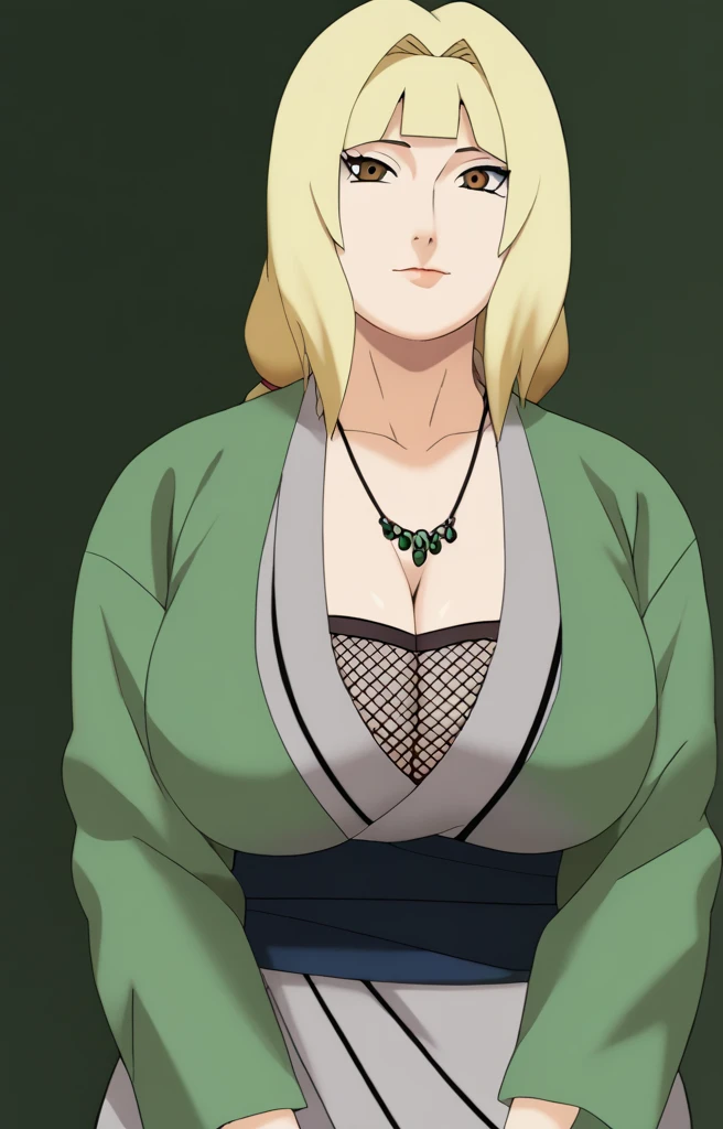 Tsunade senju,Big breast,Sagging big breast,Hitozuma,cleavage,uzumaki clan symbol in outfit,Wringkle in mouth,wedding ring,Sleeve outfit,old lady,Wringkle in face,Grandma who still have sexy body,Gilf,standing,potrait,Uzumaki tsunade,Sleeve,Wide hips,1girl,Solo,Tsunade necklace,Shirt with cleavage And uzumaki clan symbol,((long wavy hair)),green Pearl earring,Hair behind ear,Colorless lips,((Blond hair)),((hime cut bang hair)),happy,net bra,Face facing front,((Long sleeve)),Brown eyes