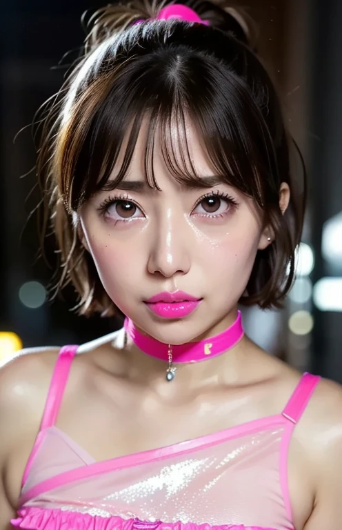 Angelique A very beautiful and cute girl, Dense and beautiful eyes, beautiful二重まぶた, (Big Eyes:1.3),(((super short crisp bangs))), ((( short hair))),((( Neon Hot Pink Lip Gloss )))、Crying with your mouth open，Painful expression， sad expression ，Tight tops， tight shorts， professional photo shoot, Realistic portrait, Cinematic Light, beautiful, 非常に  Detailsなな,  Details , (((Bokeh))),  the depth of the written boundary , Highly focused  , beautiful and delicate face and eyes, Droopy eyes,break (  Shiny Tight Choker  :Super neon pink ) , small nose, Hotel Street Alley ，