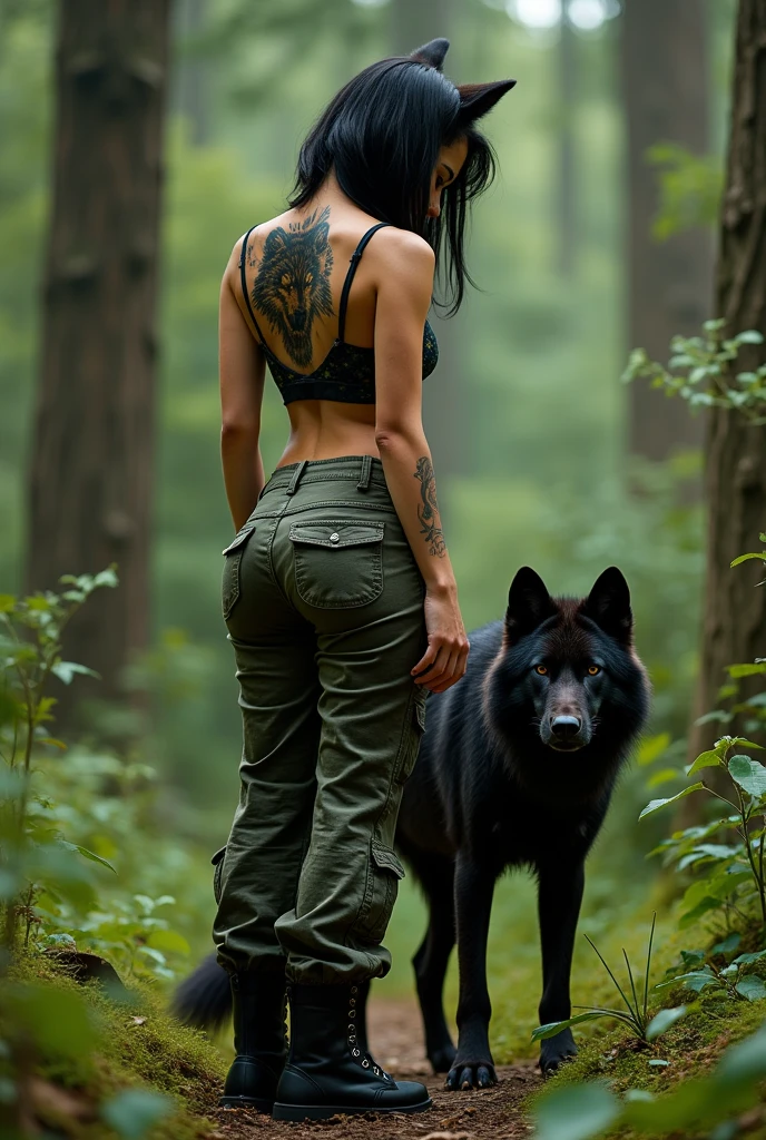 1girl, (((realistic photo))), 22 years old, 5.4 feet height, very sexy figure, round hips and bottom, medium-sized breasts, (((shoulder long black hair))), (((only a wolf tattoo on her upper back))), long camouflage pants, black army boots, camouflage bra, (1wolf, a dark wolf, medium size male wolf, stay close, she grabs his head), in the forest