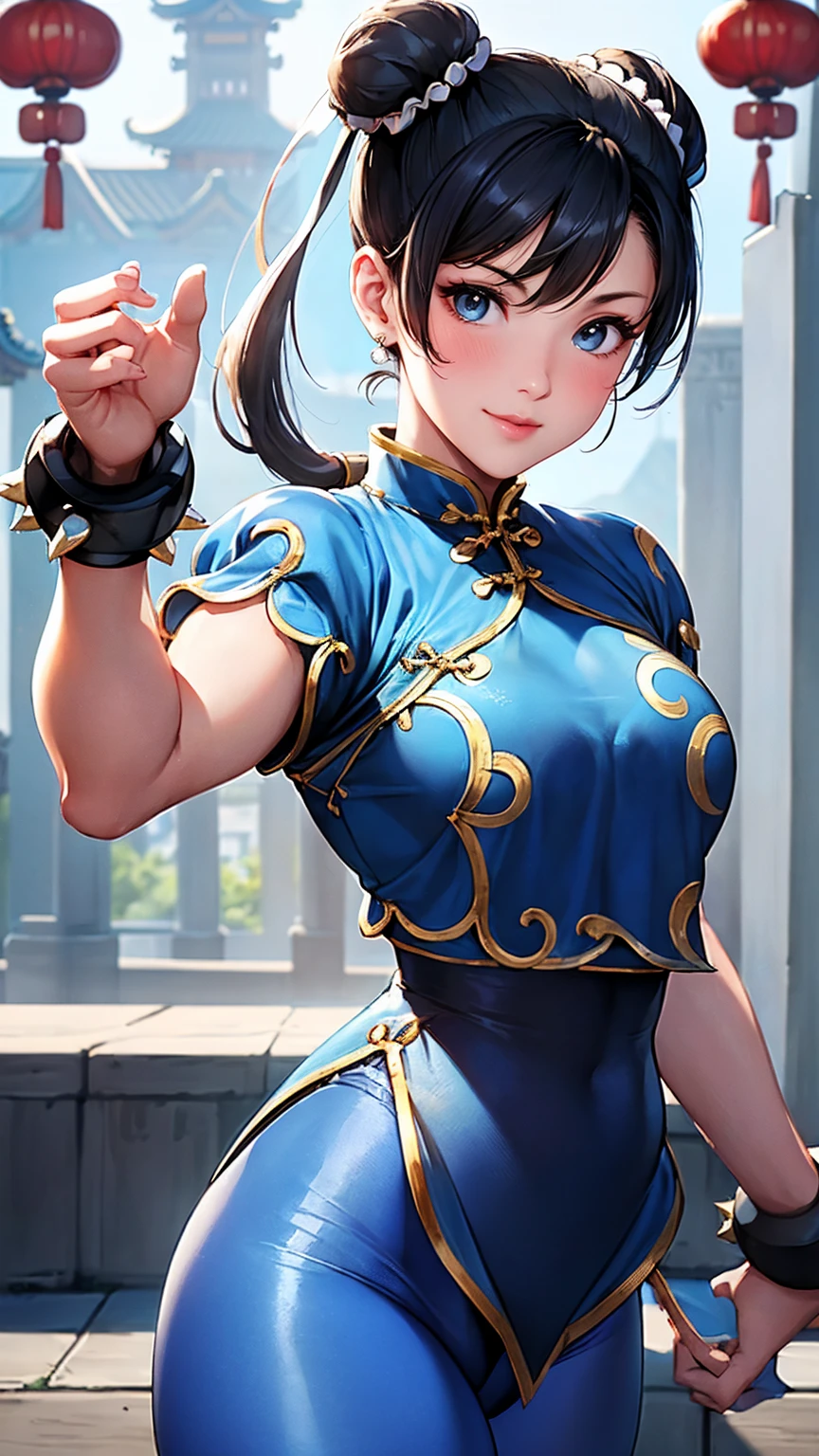 ((Chun-Li,ponytail,blue Leggings:1.3)),upper body, Looking at the audience,Slim and sexy figure, the best quality, (8k), (4K),(masterpiece), (the best quality), Extremely detailed, Game CG, Ultra Detailed, illustration, Beautiful Body,Beautiful nose, Perfect Eye, Perfect Face , 1 girl, 30 years,Fair Finger,Fair body, Fair Nose,Fair character design, perfect Eye, perfect Face,expressive Eye,Perfect balance,(Focus on her Face),(Smile:0.3), official art,Extremely detailed CG Unity 8K wallpaper, rich and colourful,  (masterpiece:1.0),(the best_quality:1.0), Ultra-high resolution,4K,Ultra Detailed, photography, 8k, HDR, high resolution, (Fair,Big goals_Chest:1.4), (blue china dress,smile,pretty face,Clear image:1.3),((青い炎のようなオーラを身にまとう,The background is Chinatown:1.3))