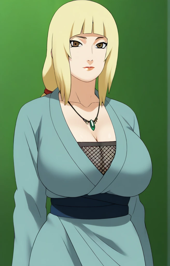 Tsunade senju,Big breast,Sagging big breast,Hitozuma,cleavage,uzumaki clan symbol in outfit,Wringkle in mouth,wedding ring,Sleeve outfit,old lady,Wringkle in face,Grandma who still have sexy body,Gilf,standing,potrait,Uzumaki tsunade,Sleeve,Wide hips,1girl,Solo,Tsunade necklace,Shirt with cleavage And uzumaki clan symbol,((long wavy hair)),green Pearl earring,Hair behind ear,Colorless lips,((Blond hair)),((hime cut bang hair)),happy,net bra,Face facing front,((Long sleeve)),Brown eyes